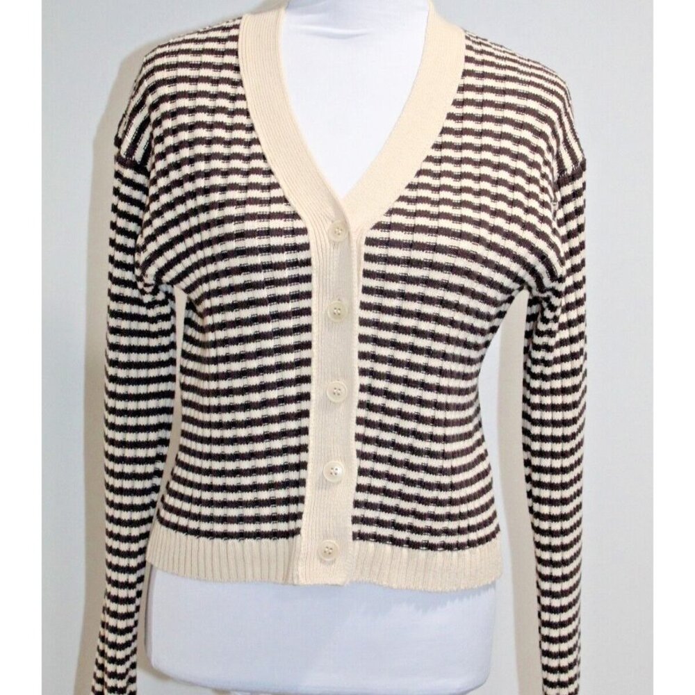 The Great. The Mini Striped Cardigan Sweater Knit Cream Woodsmoke Size 0 XS